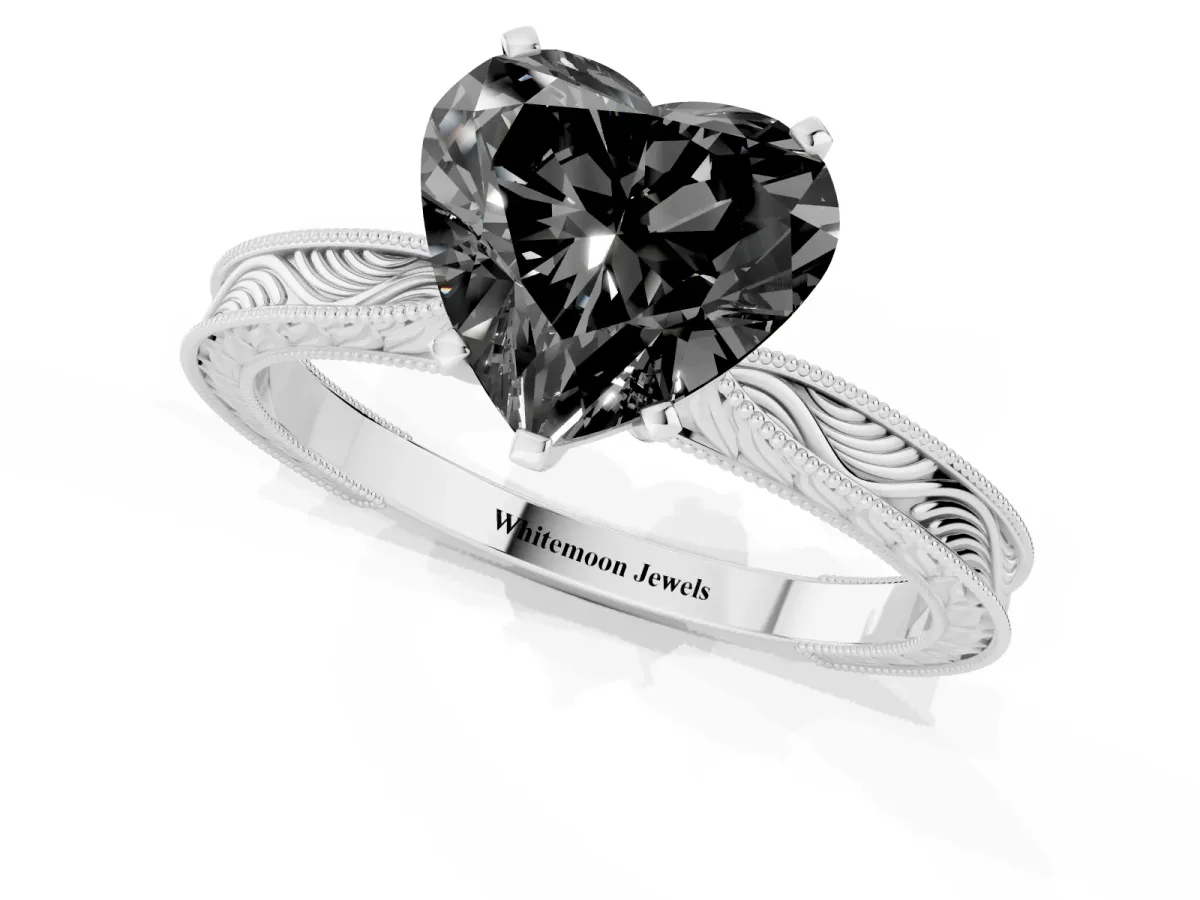 Fancy Black Heart Cut Solitaire Milgrain Engraved Band with Four-Prong Setting Silver
