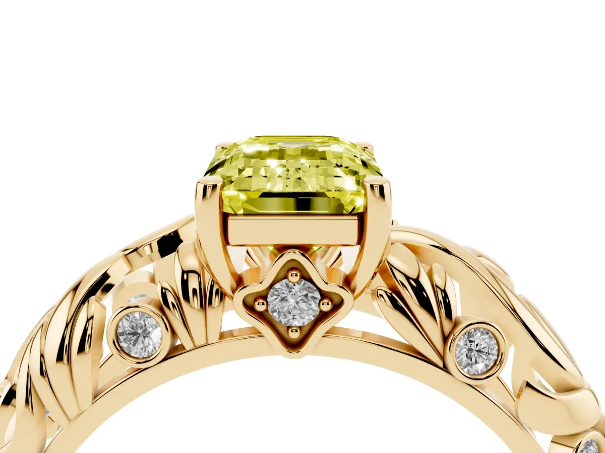 Fancy Yellow Emerald Cut Solitaire Diamond Leaf-Inspired Vine Band Ring with Prong Setting Yellow gold