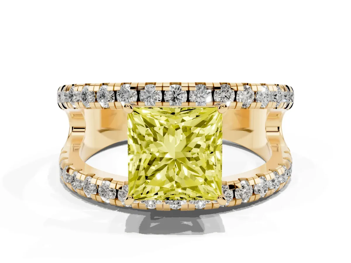 Fancy Yellow Princess Cut Solitaire Split Shank Pave Diamond Ring Yellow gold