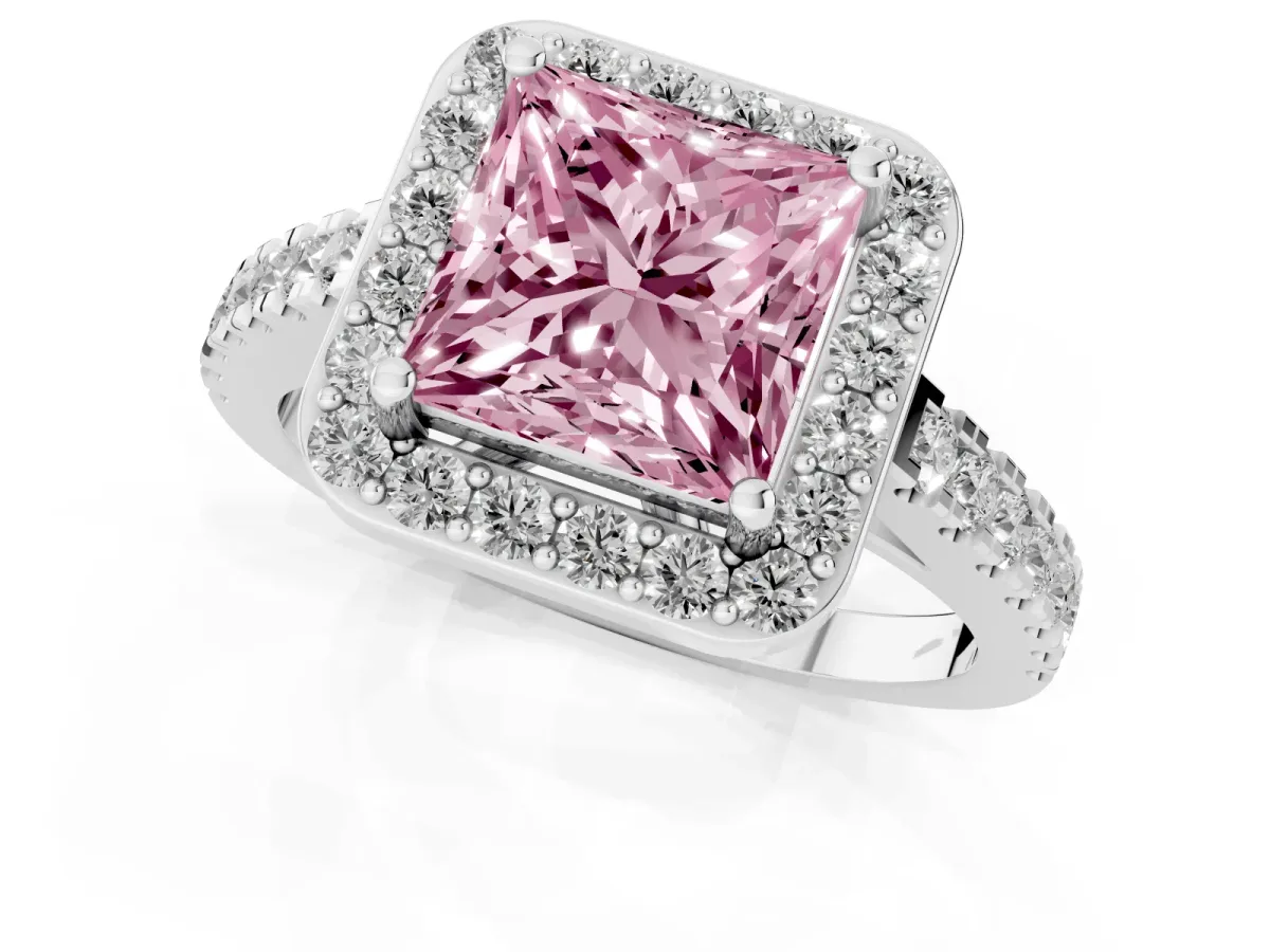 Fancy Pink Princess Cut Diamond Halo Ring with Round Pavé Split Shank and Prong Setting Silver