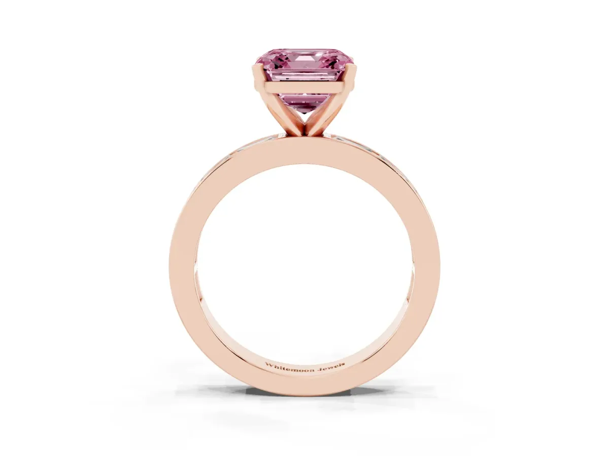 Fancy Pink Asscher Cut Solitaire Diamond Ring with Channel-Set Baguette Band and Four-Prong Setting Rose gold
