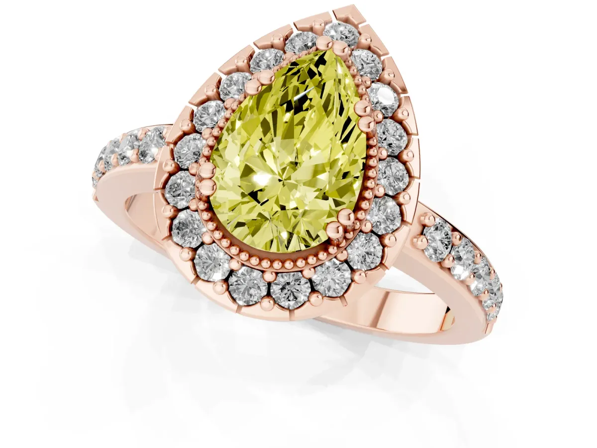 Fancy Yellow Pear Cut Diamond Halo Ring with Pavé Band and Prong Setting Rose gold