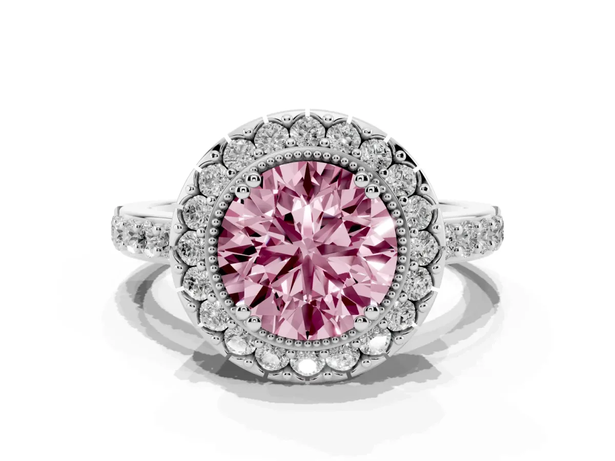 Fancy Pink Round Cut Diamond Halo Ring with Pavé Band and Prong Setting Silver