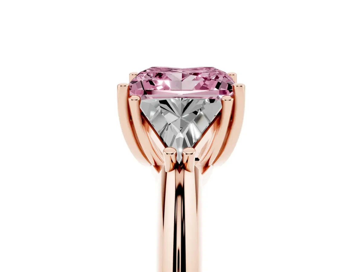 Fancy Pink Three-Stone Princess Cut Diamond Engagement Ring with Trillion Side Stones and Prong Setting Rose gold