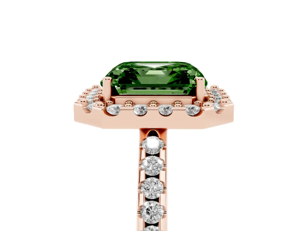 Fancy Green Asscher Cut Diamond Pavé Halo Ring with Four-Prong Setting Rose gold