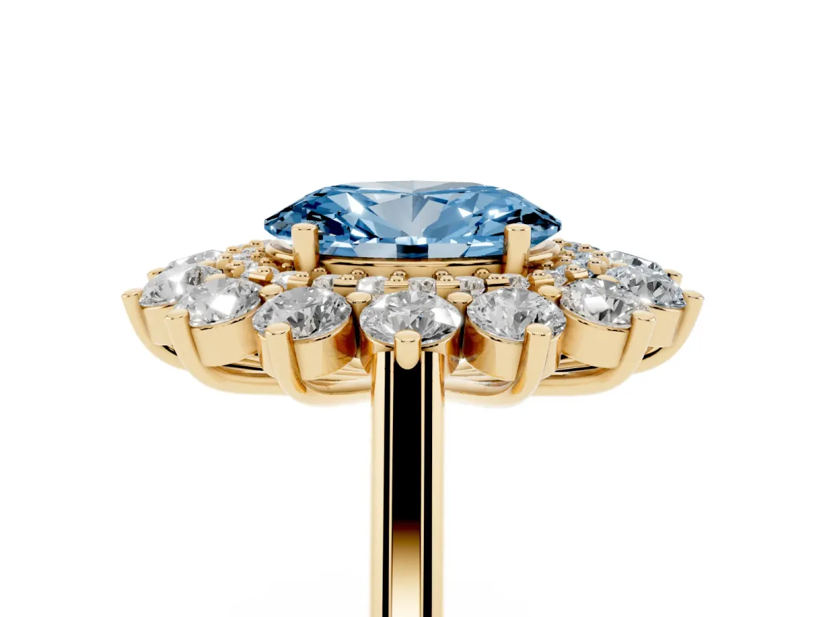 Fancy Blue Oval Cut Diamond Floral Double Halo Engagement Ring with Prong Setting Yellow gold