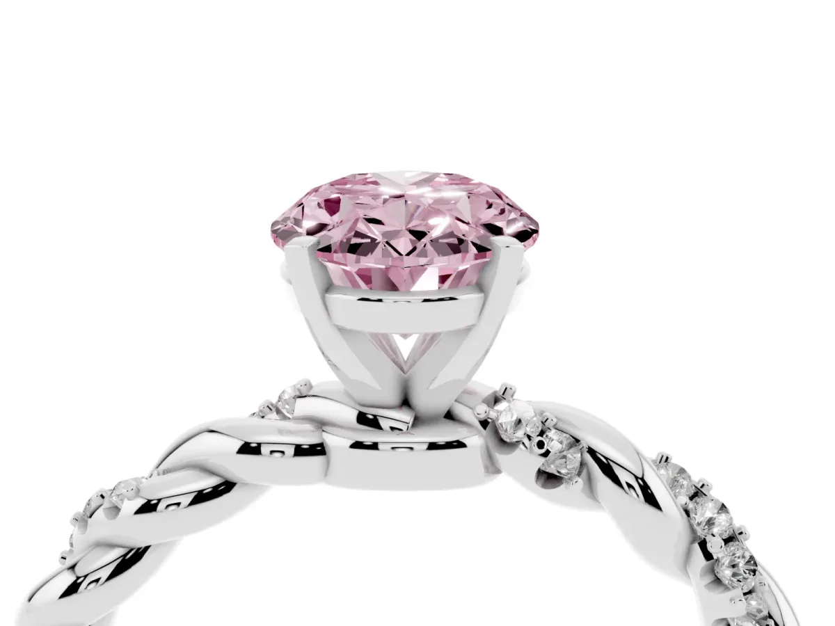 Fancy Pink Oval Cut Diamond Solitaire Ring with Twisted Band and Pavé Accents Silver