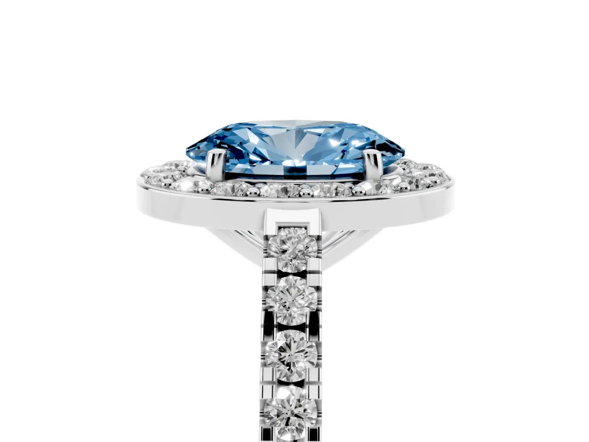 Fancy Blue Oval Cut Diamond Halo Ring with Round Pavé Split Shank and Prong Setting Platinum