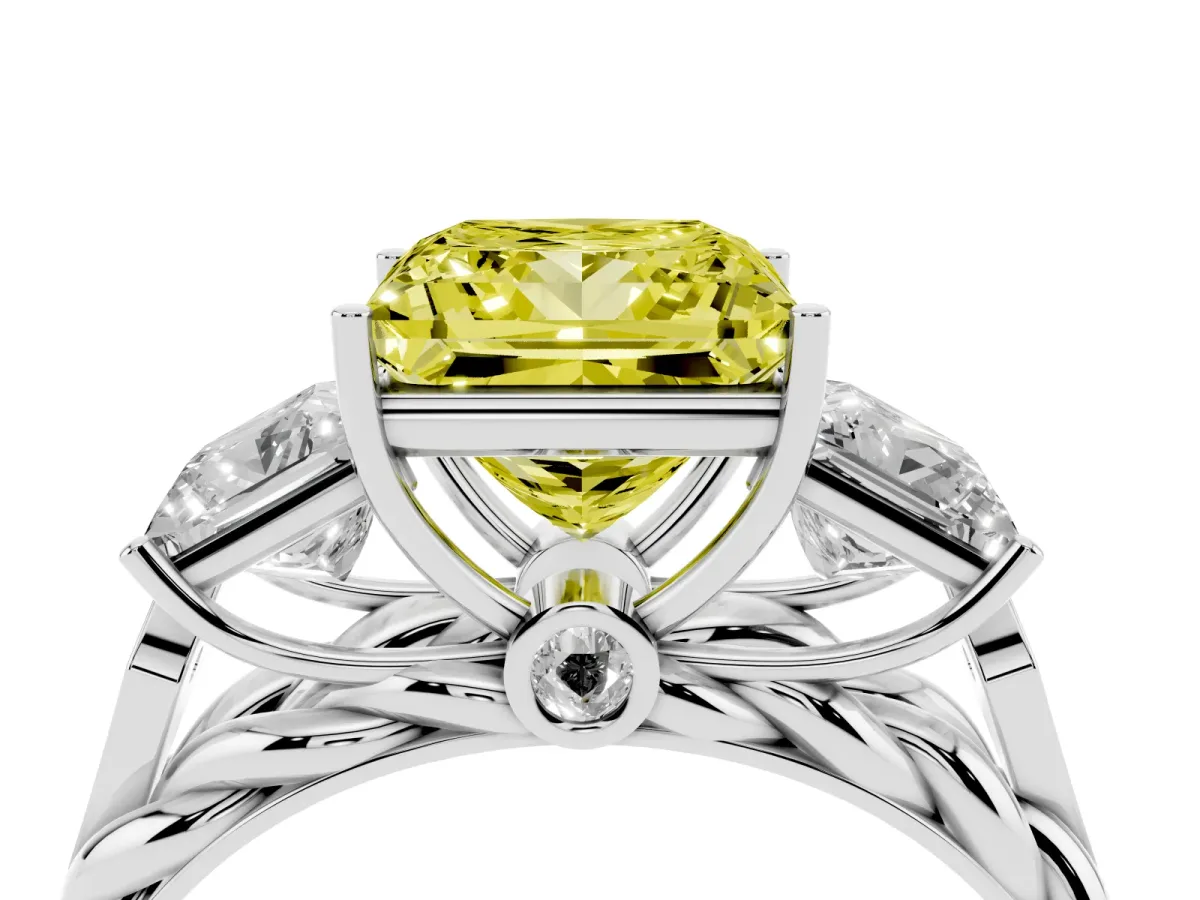 Fancy Yellow Three-Stone Princess Cut Diamond Braided Band Ring with Four-Prong Setting Silver