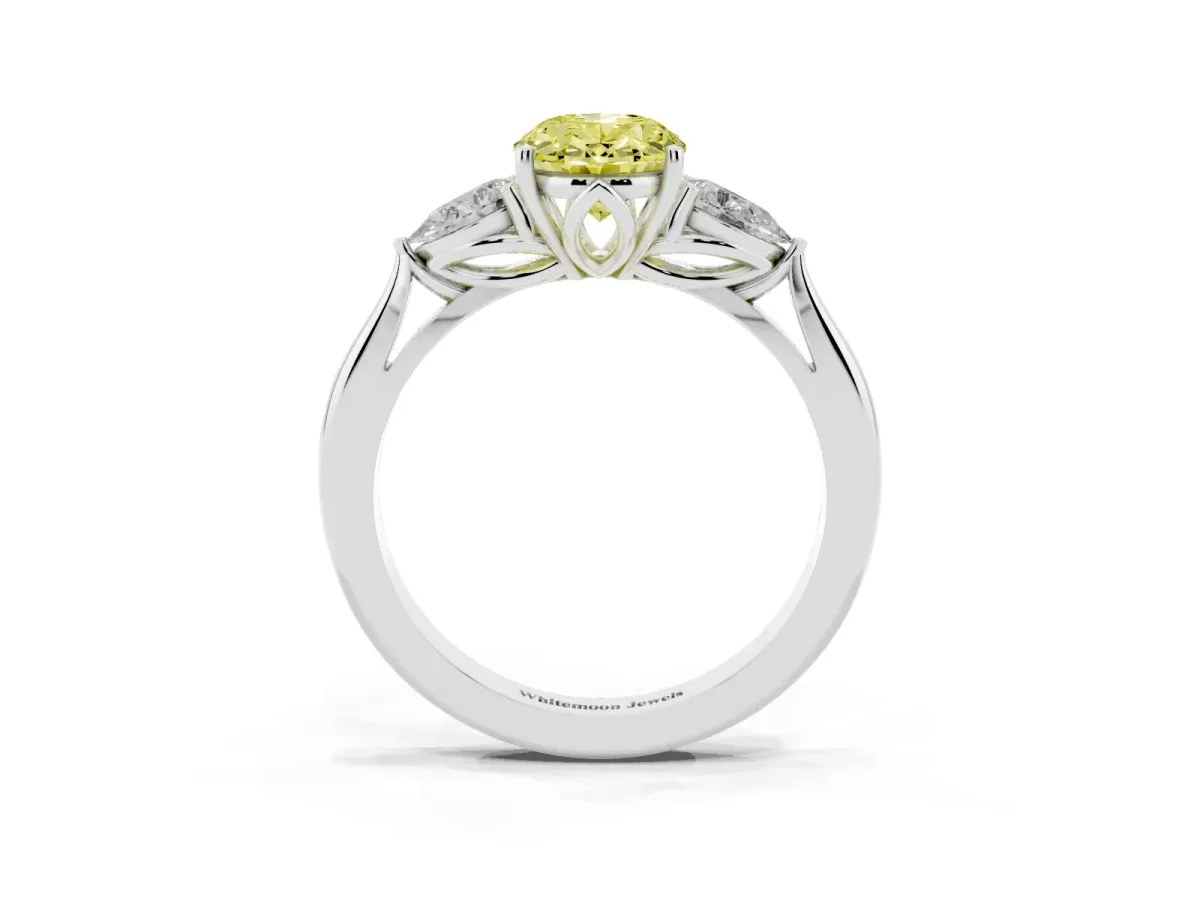 Fancy Yellow Oval Cut Diamond Three-Stone Ring with Pear Side Stones and Prong Setting Silver