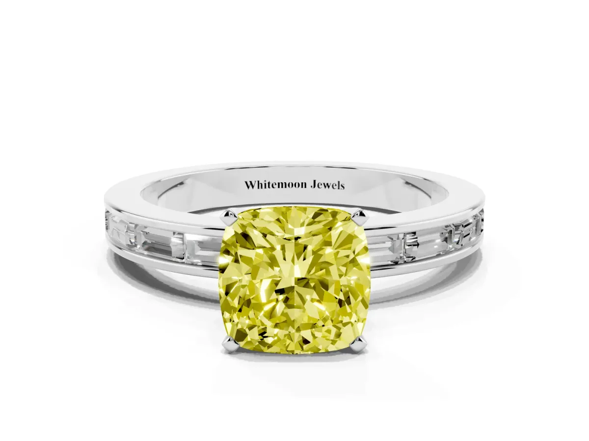 Fancy Yellow Cushion Cut Solitaire Diamond Ring with Channel-Set Baguette Band and Four-Prong Setting Platinum