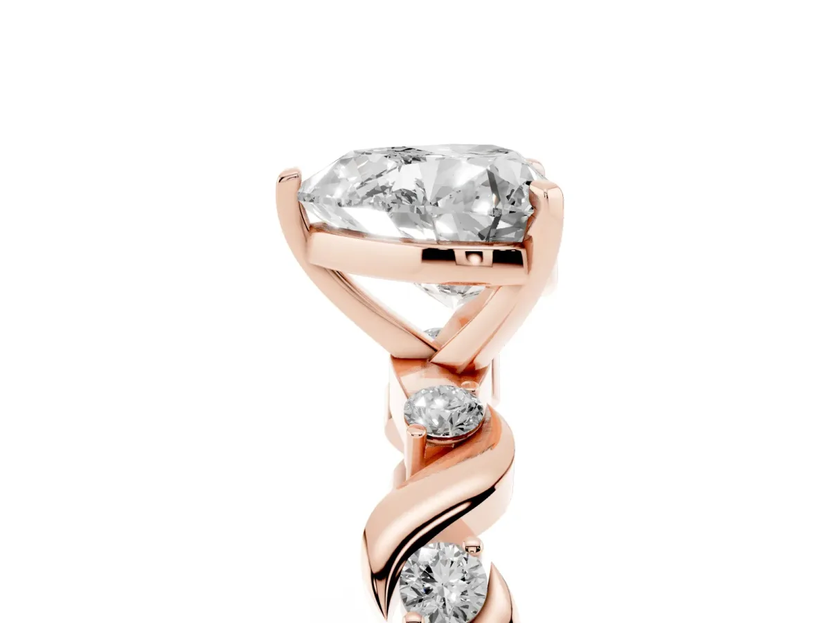 Heart Cut Diamond Solitaire Twisted Band with Round Accents and Prong Setting Rose gold