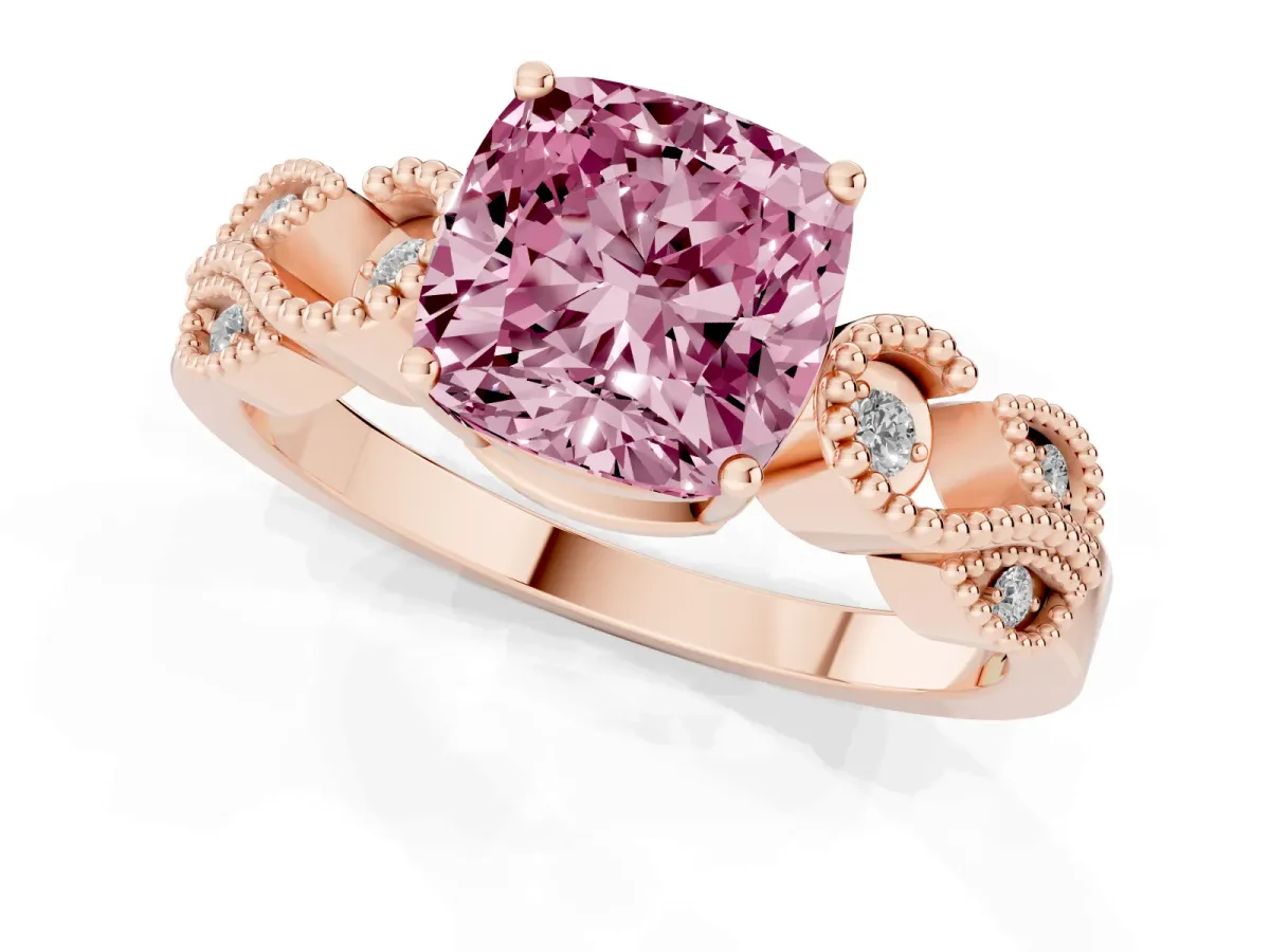 Fancy Pink Cushion Cut Solitaire Milgrain Leaf Band with Prong Setting Rose gold