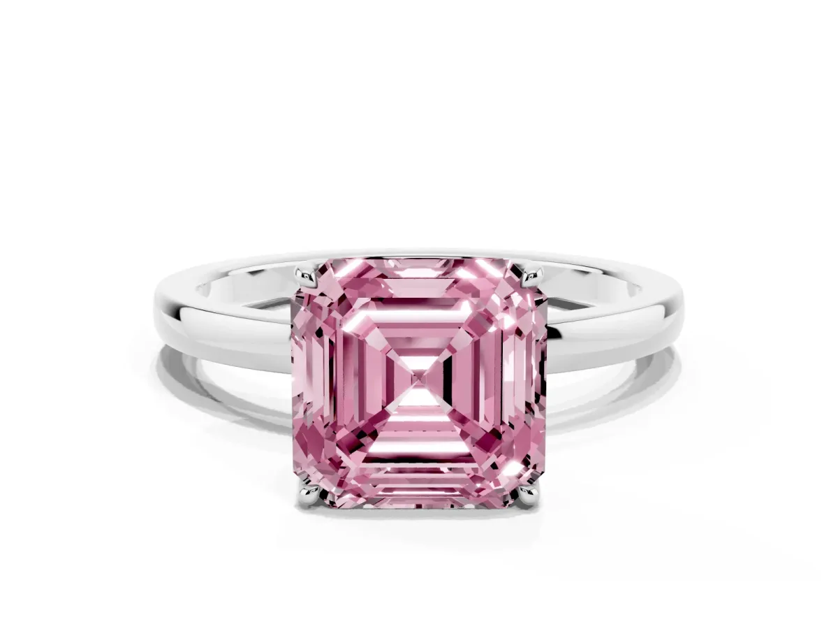Fancy Pink Asscher Cut Diamond Solitaire Ring with Thin Band and Prong Setting Silver
