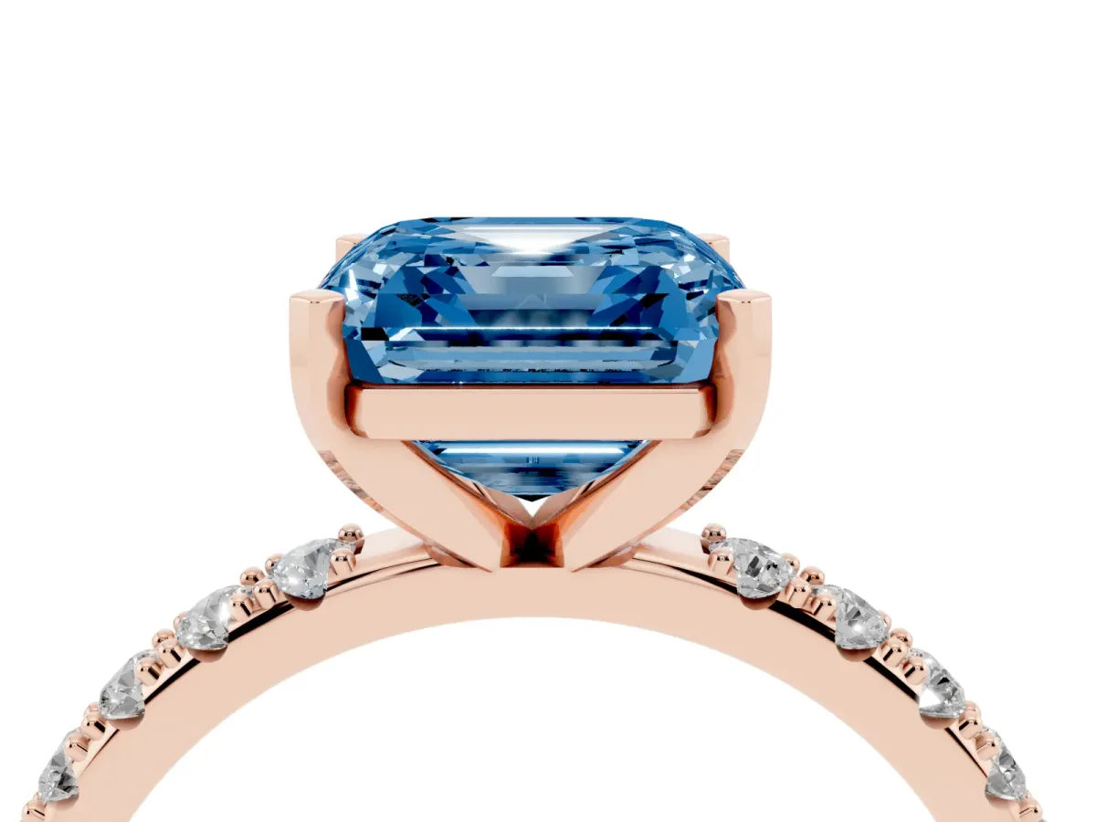 Fancy Blue Asscher Cut Diamond Solitaire Pavé Band with Four-Prong Setting Rose gold