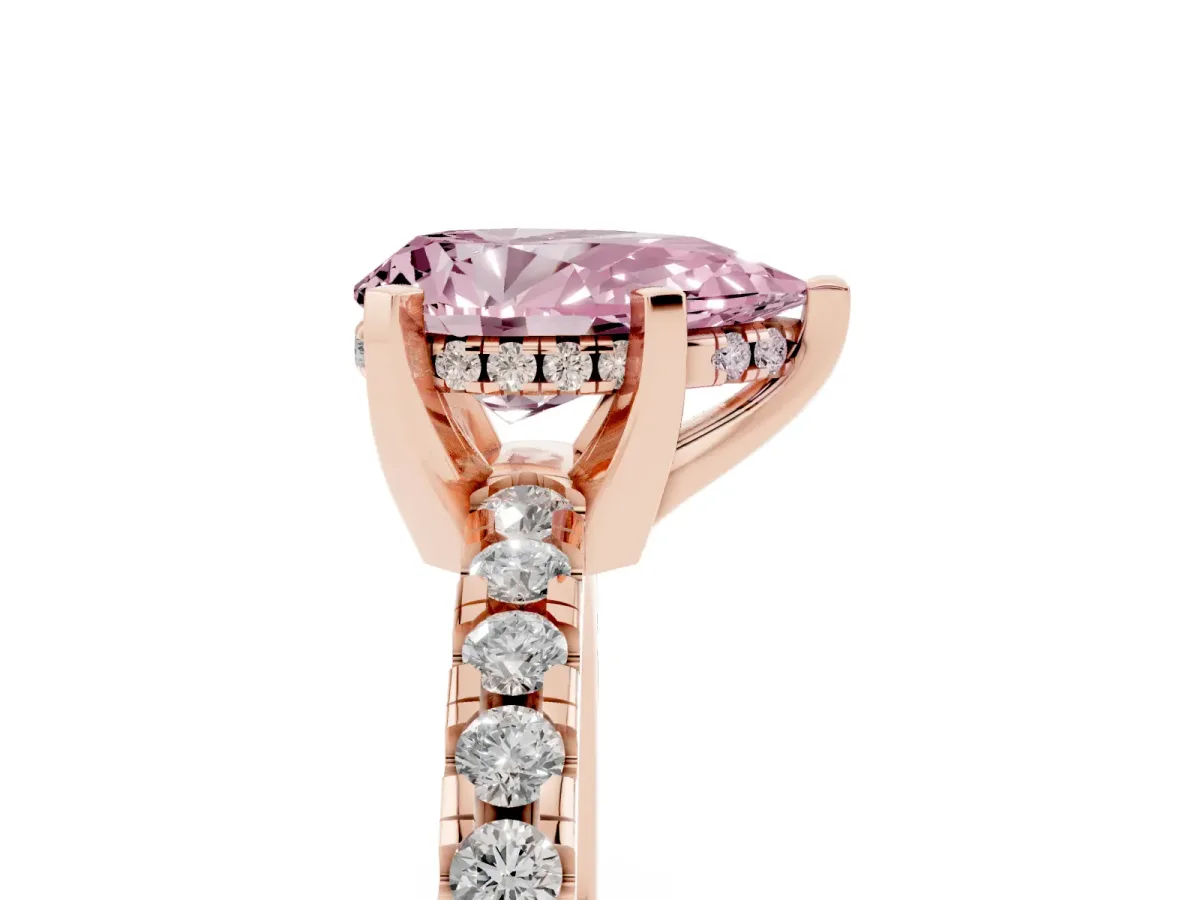 Fancy Pink Pear Cut Diamond Solitaire Ring with Round Pavé Band and Four-Prong Setting Rose gold