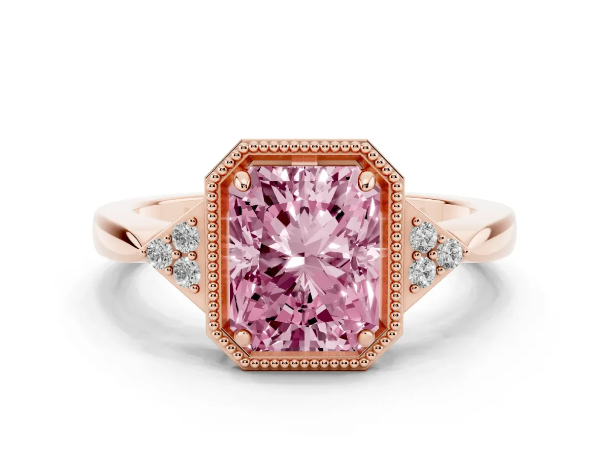 Fancy Pink Radiant Cut Diamond Halo Ring with Tapered Band and Four-Prong Setting Rose gold