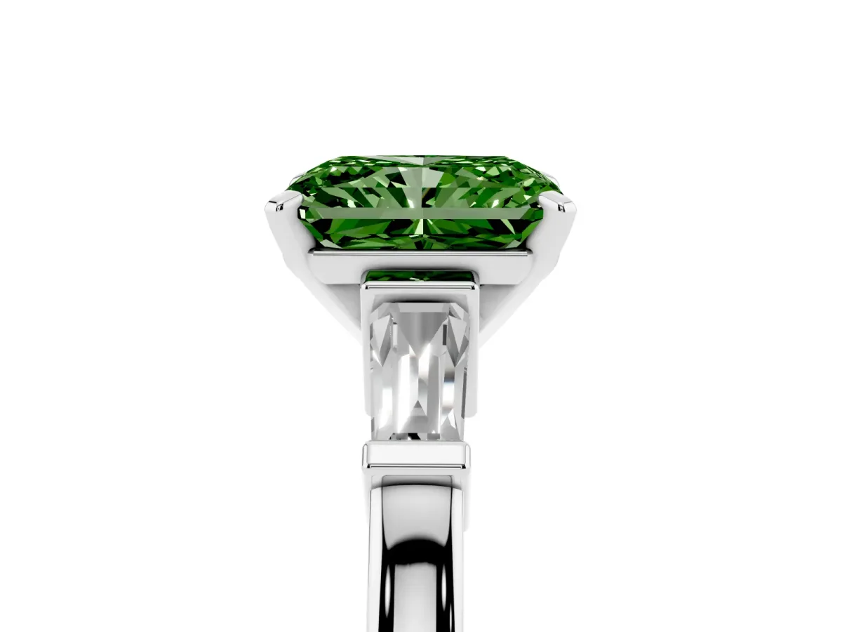 Fancy Green Radiant Cut Cut Diamond Solitaire Ring with Tapered Baguette Accents and Four-Prong Setting White gold