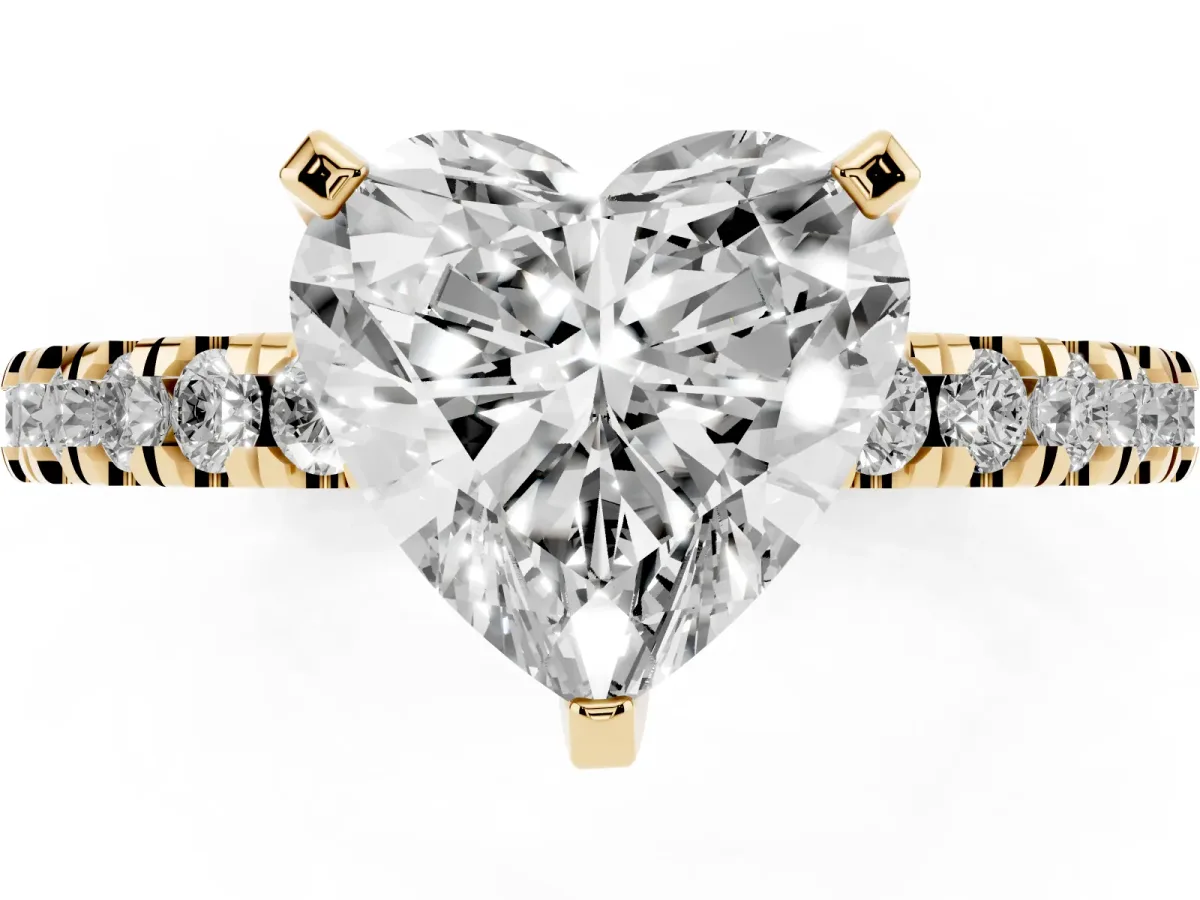 Heart Cut Solitaire Diamond with Pavé Band and Four-Prong Setting Yellow gold