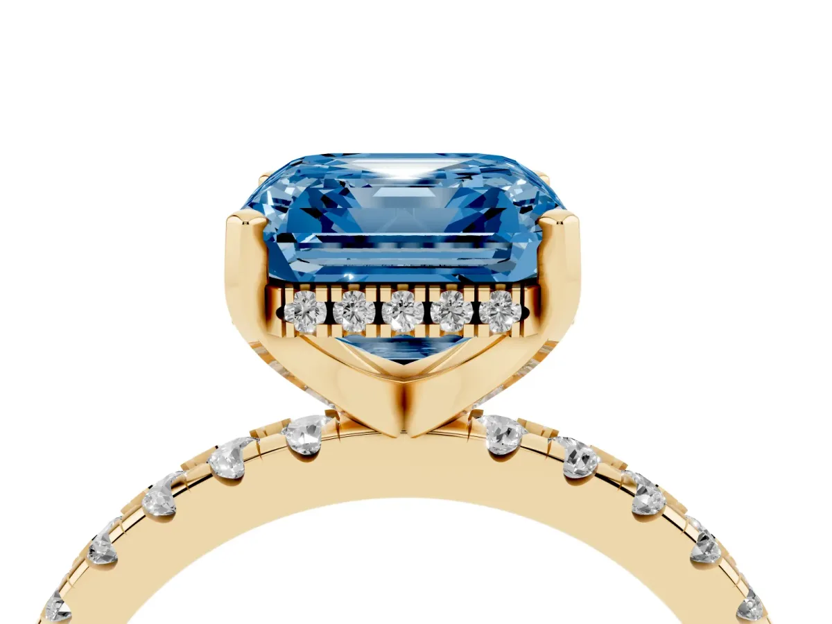 Fancy Blue Asscher Cut Diamond Solitaire Ring with Round Pavé Band and Four-Prong Setting Yellow gold