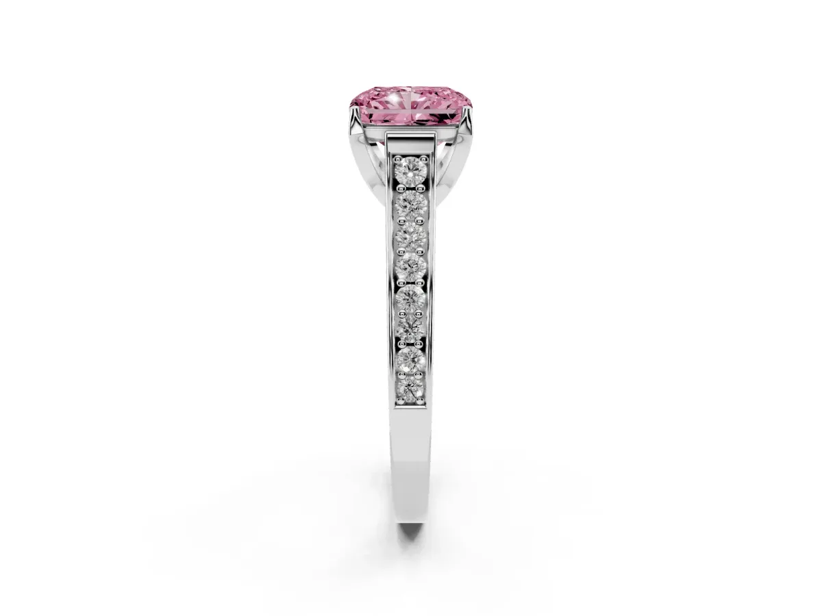Fancy Pink Radiant Cut Brilliant Cut Diamond Engagement Ring with Pavé Band and Four-Prong Setting White gold