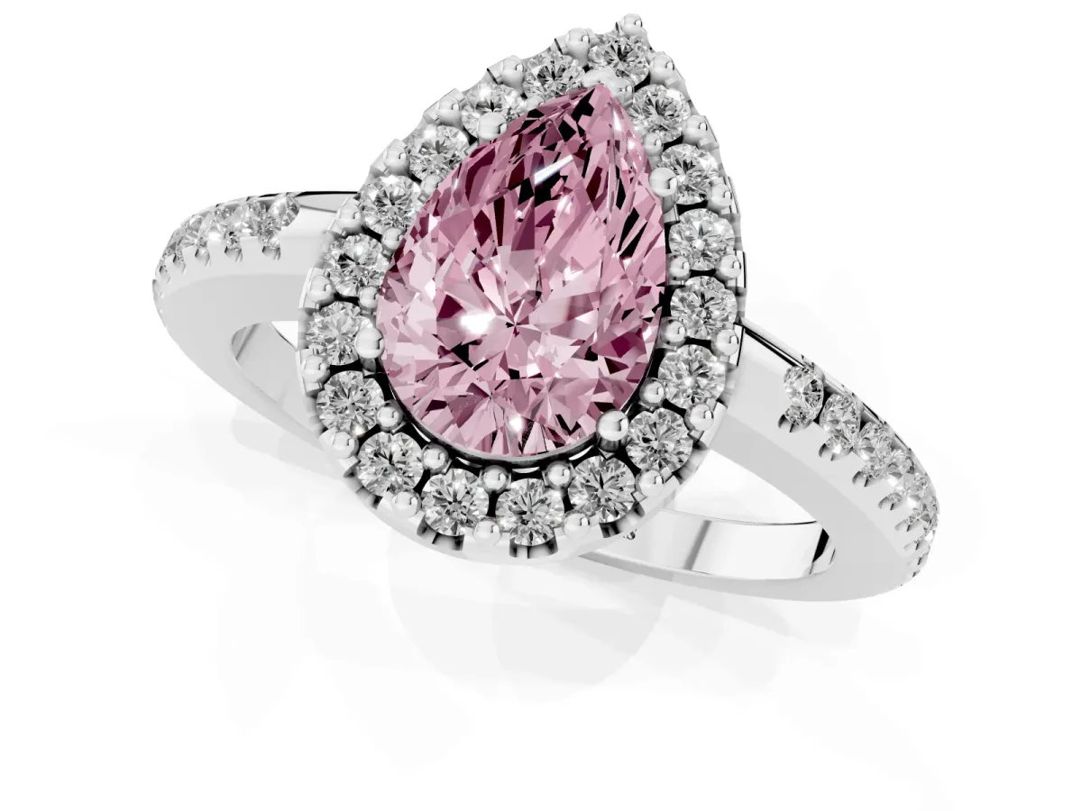 Fancy Pink Pear Cut Diamond Pavé Halo Ring with Four-Prong Setting Platinum