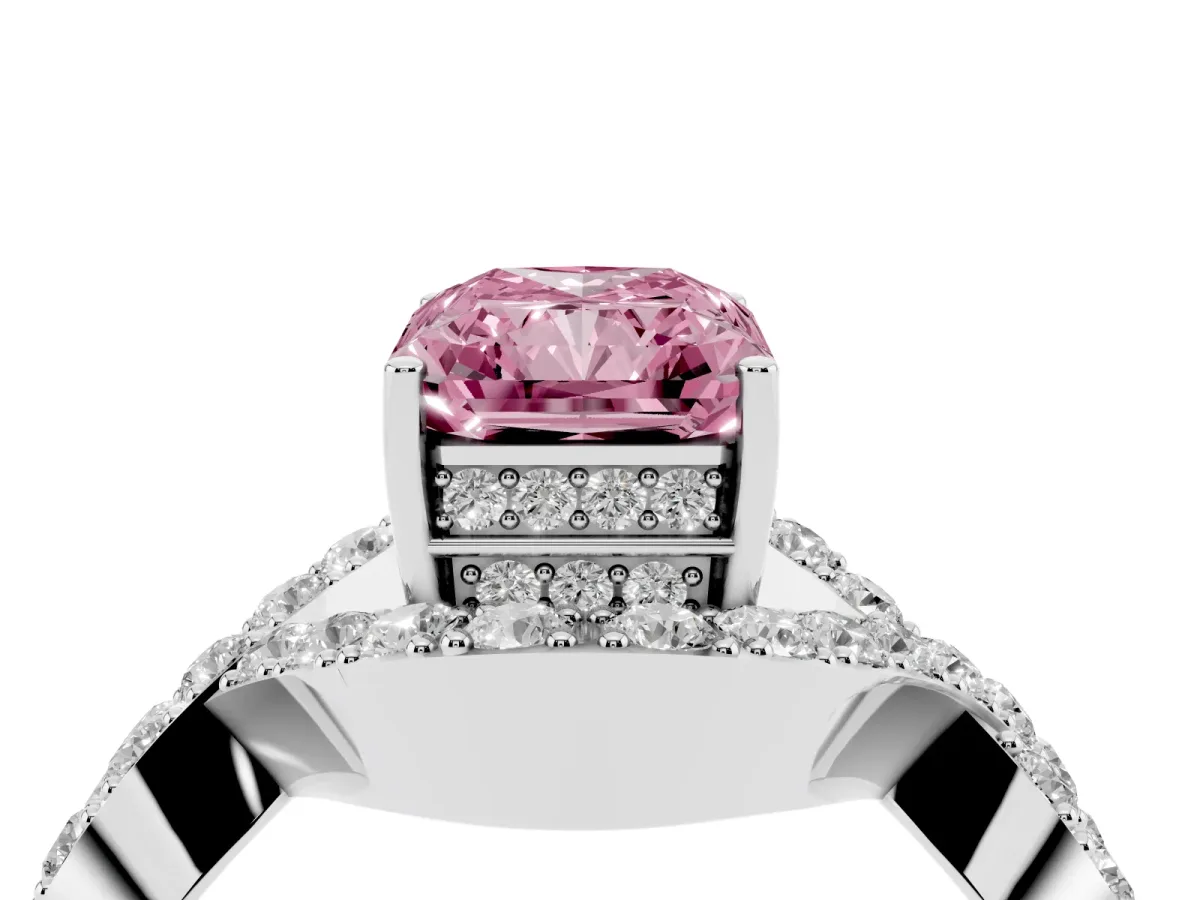 Fancy Pink Radiant Cut Solitaire Twist Band Pavé Diamond Engagement Ring Platinum
