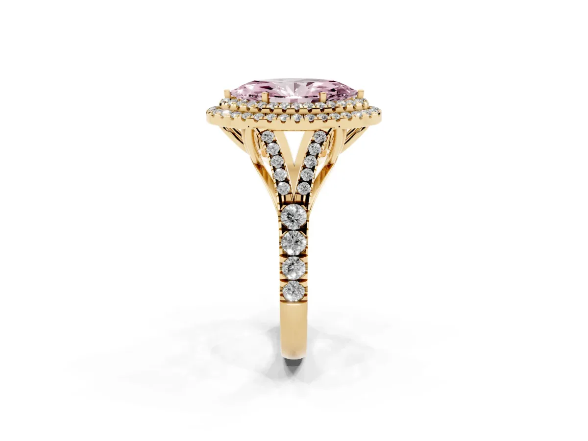Fancy Pink Marquise Cut Cut Double Halo Split Shank Diamond Ring with Prong Setting Yellow gold