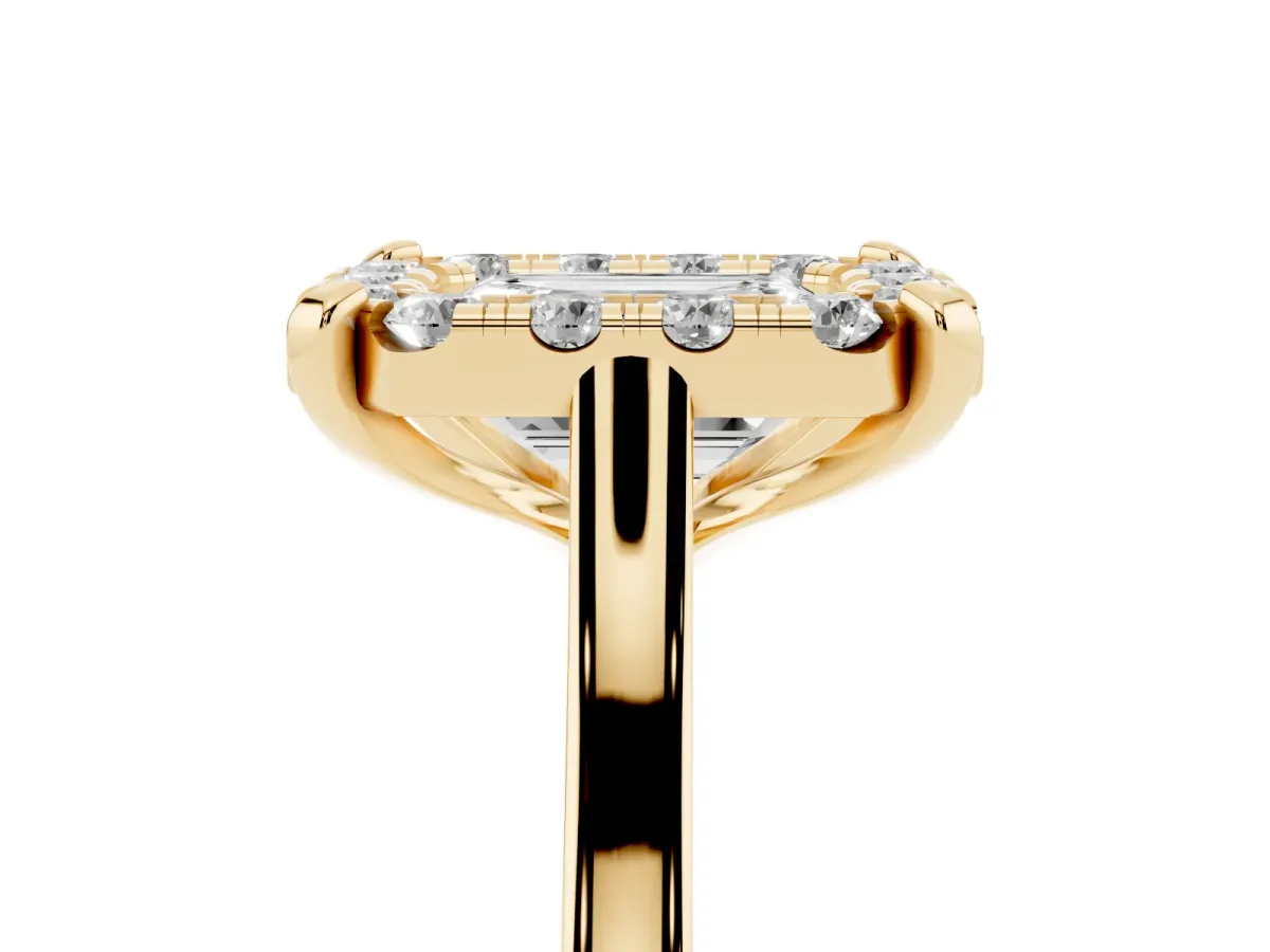 Emerald Cut Diamond Cluster Halo Solitaire with Four-Prong Setting Yellow gold