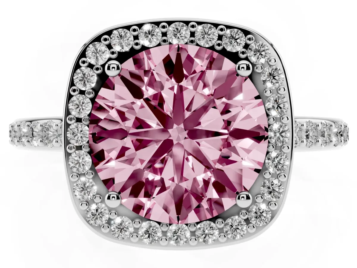 Fancy Pink Round Cut Diamond Halo Engagement Ring with Round Pavé Shoulders and Prong Setting White gold