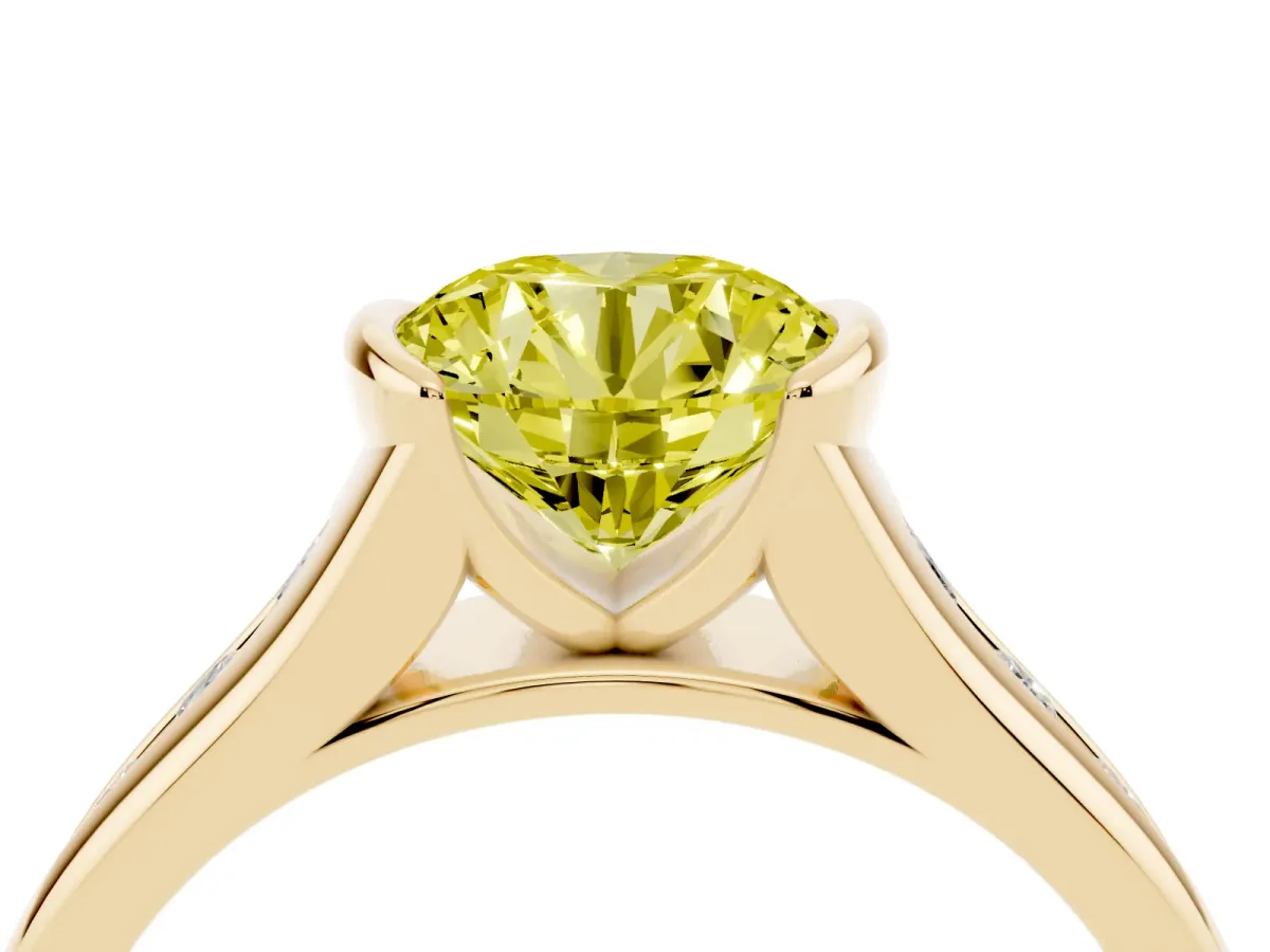 Fancy Yellow Round Cut Solitaire Bezel-Set Diamond Ring with Channel-Set Band Yellow gold