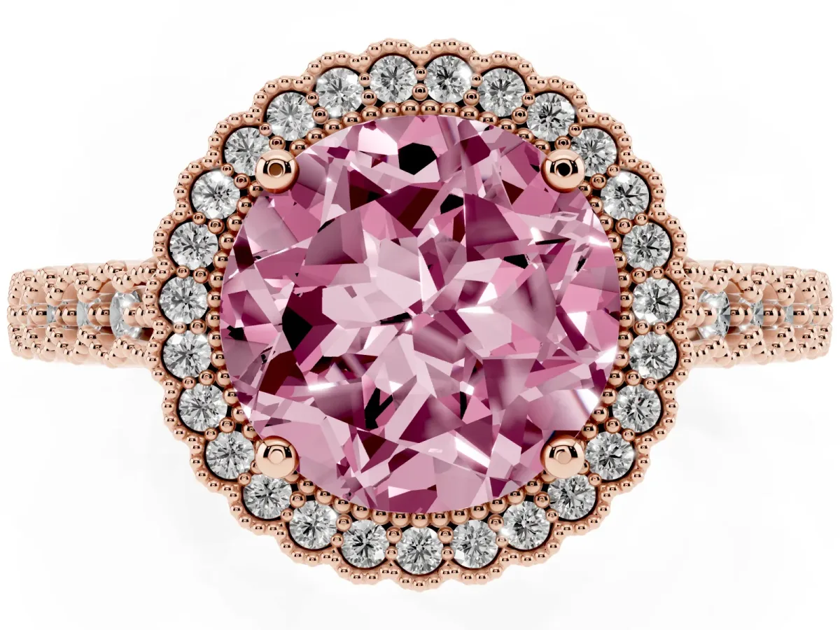 Fancy Pink Round Cut Cut Halo Pavé Solitaire Ring with Milgrain Band Rose gold