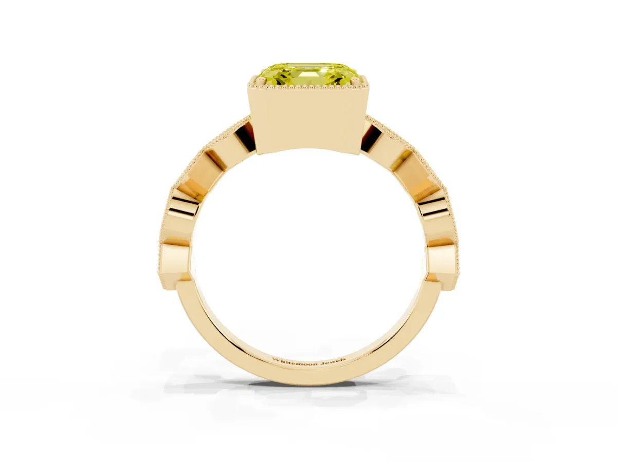 Fancy Yellow Asscher Cut Milgrain Marquise Diamond Twist Band Ring Yellow gold