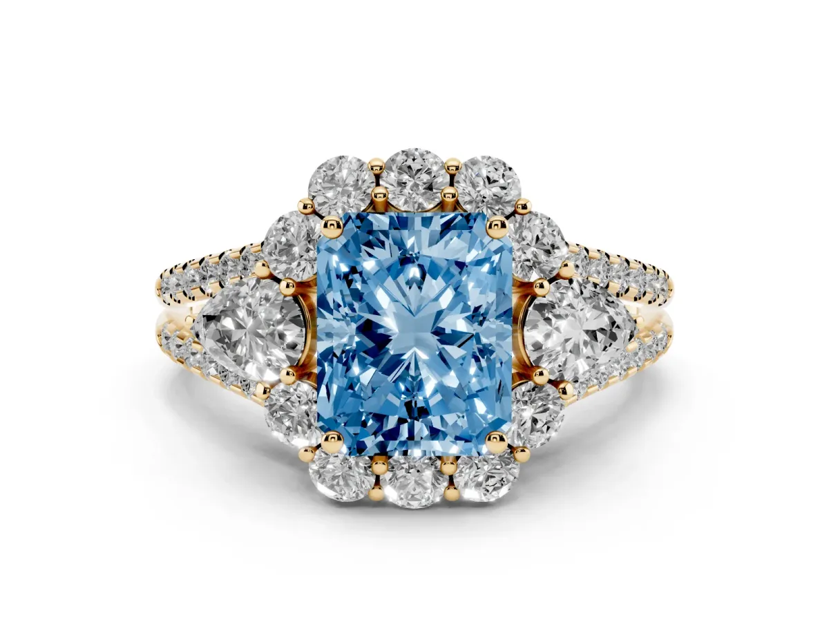 Fancy Blue Radiant Cut Halo Split Shank Diamond Engagement Ring with Prong Setting Yellow gold