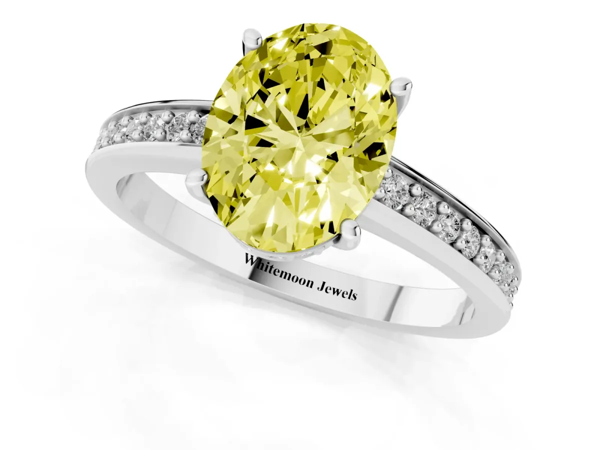 Fancy Yellow Oval Cut Solitaire Pavé Band Prong Setting Ring Silver
