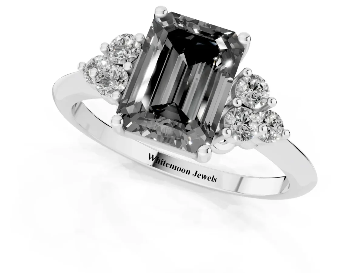 Fancy Black Emerald Cut Cut Diamond Cluster Ring with Solitaire Band and Four-Prong Setting Silver