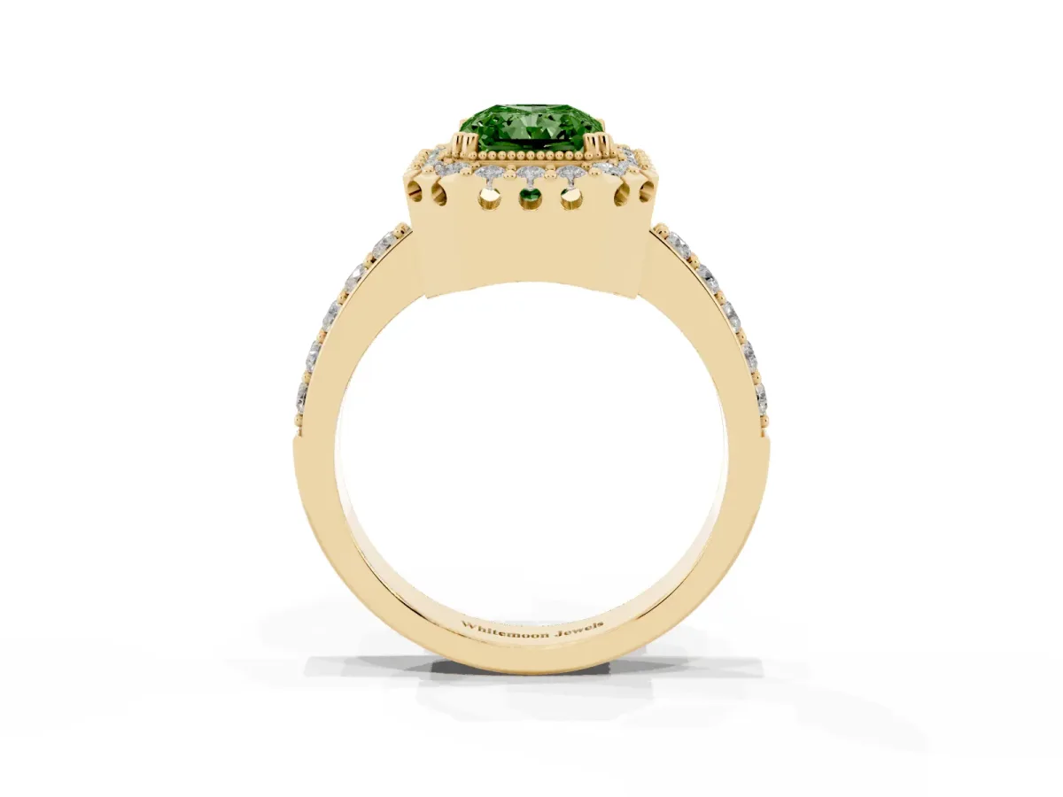 Fancy Green Radiant Cut Diamond Halo Ring with Pavé Band and Prong Setting Yellow gold