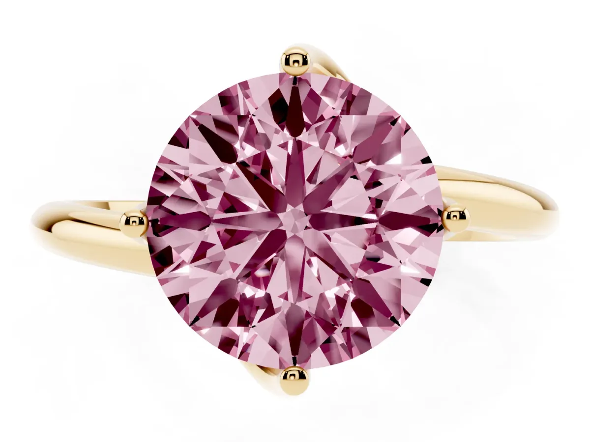 Fancy Pink Round Cut Diamond Solitaire Engagement Ring with Four-Prong Setting and Classic Band Yellow gold