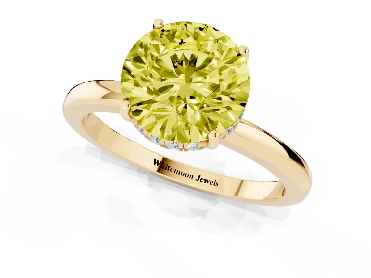 Fancy Yellow Round Cut Solitaire Diamond Ring with Prong Setting and Plain Band Yellow gold