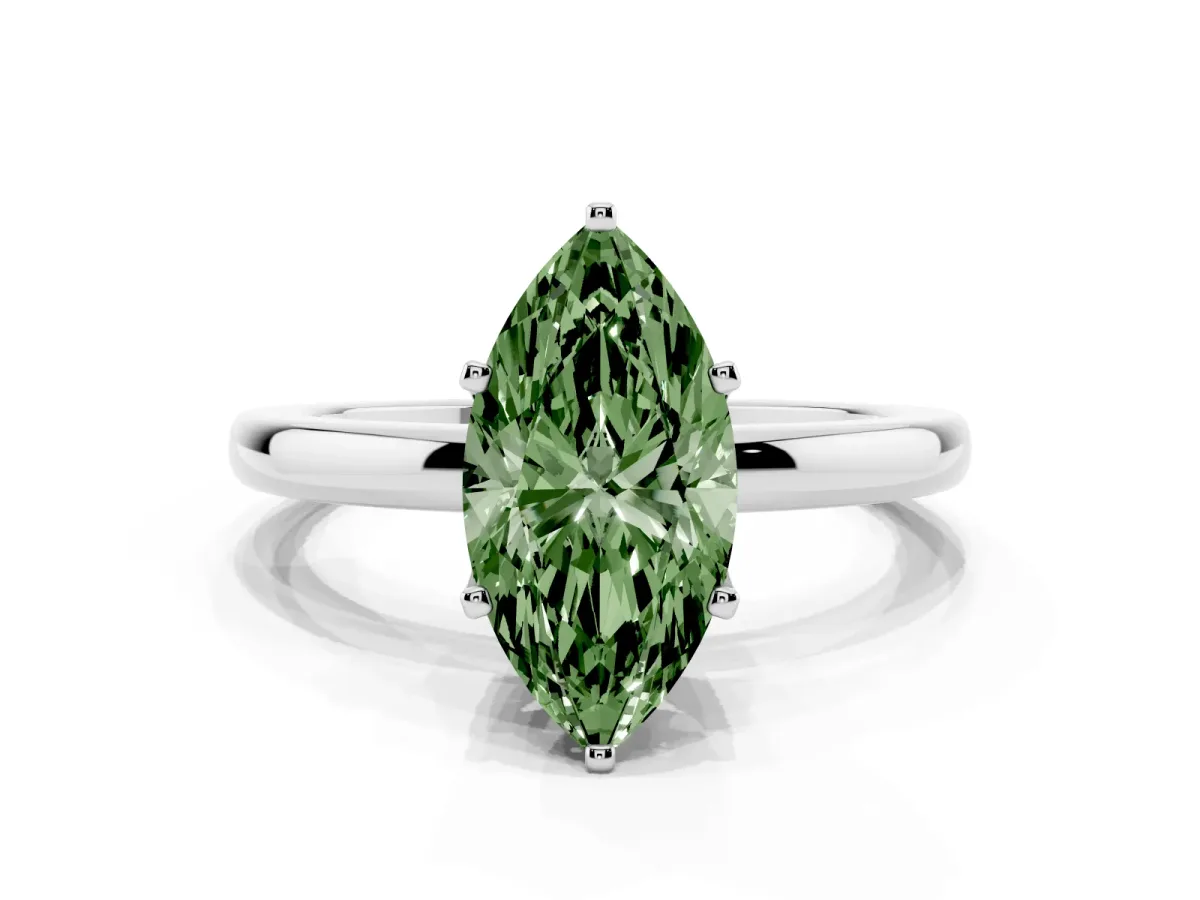 Fancy Green Marquise Cut Solitaire Diamond Ring with Six-Prong Setting on a Classic Band Silver