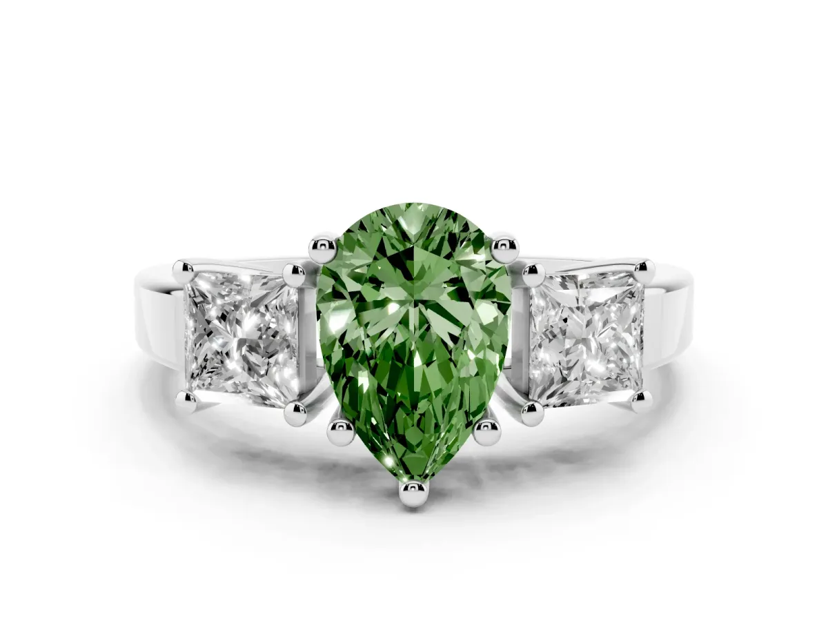 Fancy Green Three-Stone Pear Cut Cut Solitaire Ring with Prong Setting Silver