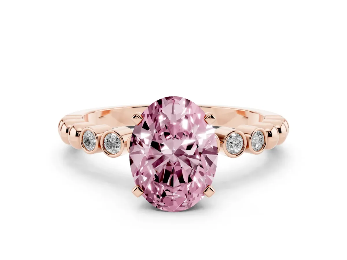 Fancy Pink Oval Cut Solitaire Bezel Accent Diamond Engagement Ring with Beaded Band and Four-Prong Setting Rose gold