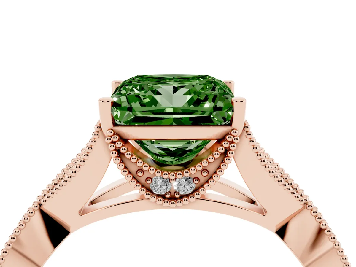 Fancy Green Princess Cut Cut Diamond Twisted Band with Milgrain Pave Setting and Four-Prong Setting Rose gold