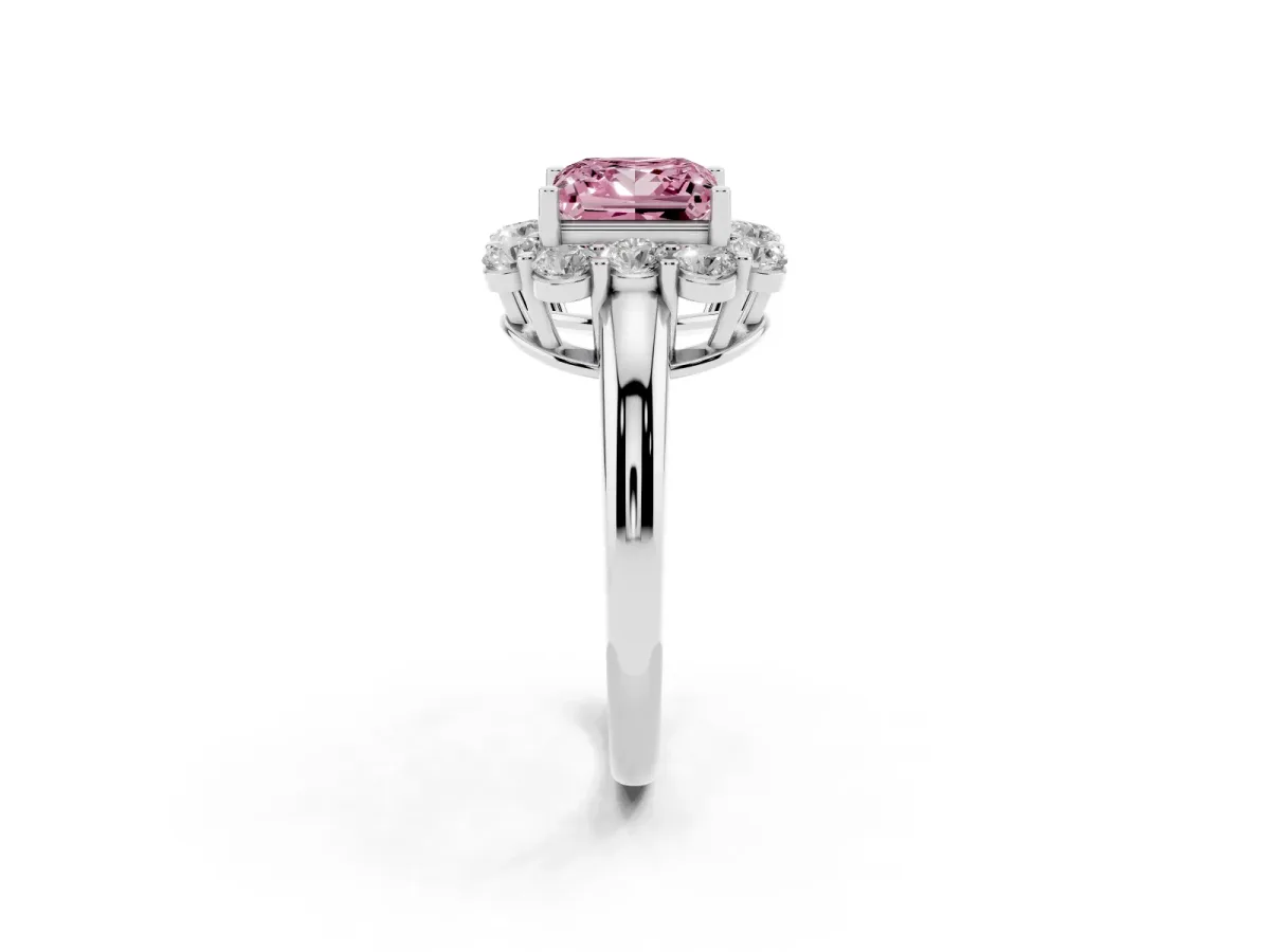 Fancy Pink Princess Cut Halo Milgrain Solitaire with Bezel Set Side Stones and Pave Band Platinum