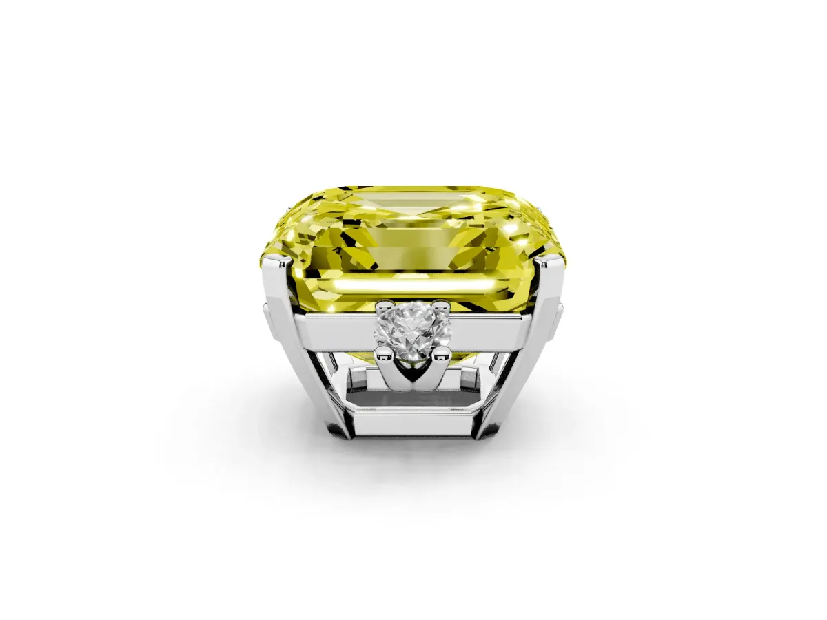 Fancy Yellow Asscher Cut Cut Three-Stone Solitaire Ring with Round Accent Diamonds and Four-Prong Setting Silver