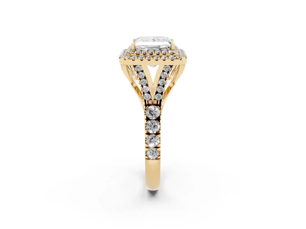 Princess Cut Diamond Double Halo Ring with Split Shank and Prong Setting Yellow gold
