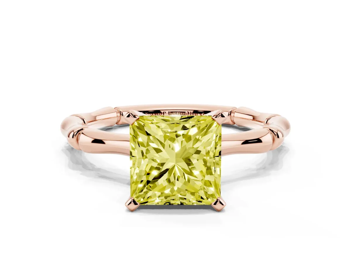 Fancy Yellow Princess Cut Solitaire Diamond Ring with Bamboo Band and Four-Prong Setting Rose gold