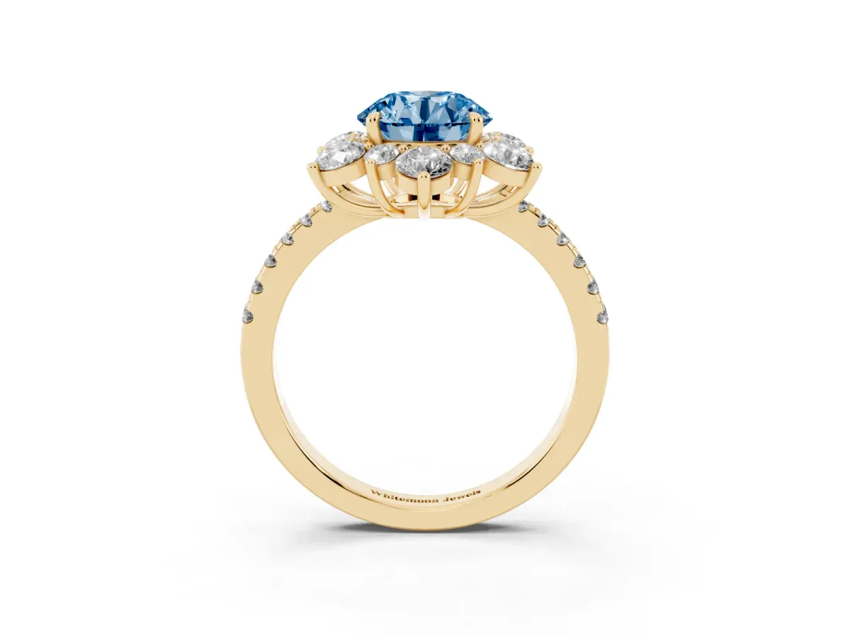 Fancy Blue Round Cut Diamond Floral Halo Ring with Round Pavé Band and Prong Setting Yellow gold