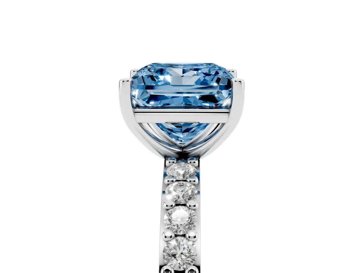 Fancy Blue Princess Cut Cut Diamond Solitaire with Pave Band and Four-Prong Setting Platinum