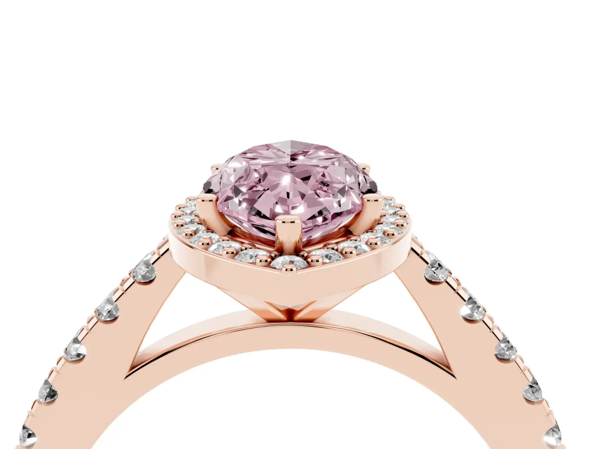 Fancy Pink Marquise Cut Cut Halo Diamond Engagement Ring with Pave Band and Four-Prong Setting Rose gold